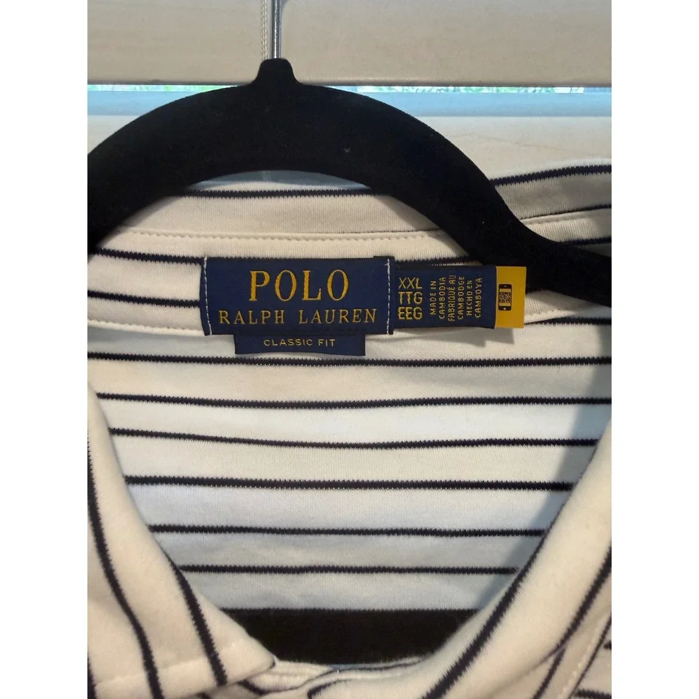 Polo‎ Ralph Lauren Mens XXL Classic Fit Striped Short Sleeve Polo  White Blue